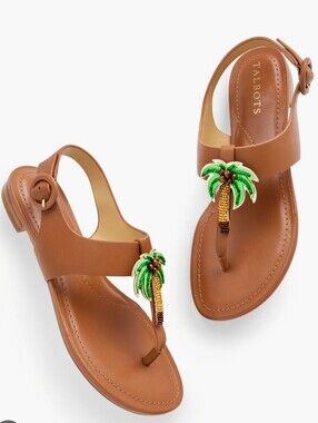 NWT Talbots Keri Nappa Leather Thong Sandals with Beaded Green Palm Tree Size 6